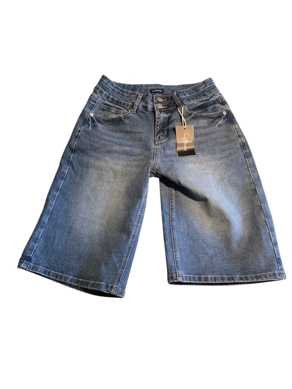 Flamingals Women's M Blue Denim Bermuda Shorts Wide Leg 5-Pocket 30W NWT